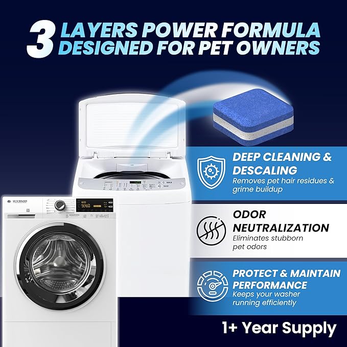 Washing Machine Cleaner Tablets for Pet Owners - Front & Top Load Washer Deep Cleaning - Septic Tank Safe - HE Support - Remove Stubborn Pet Hair - Eliminates Pet Smells - Prevents Pet Dander Build-up