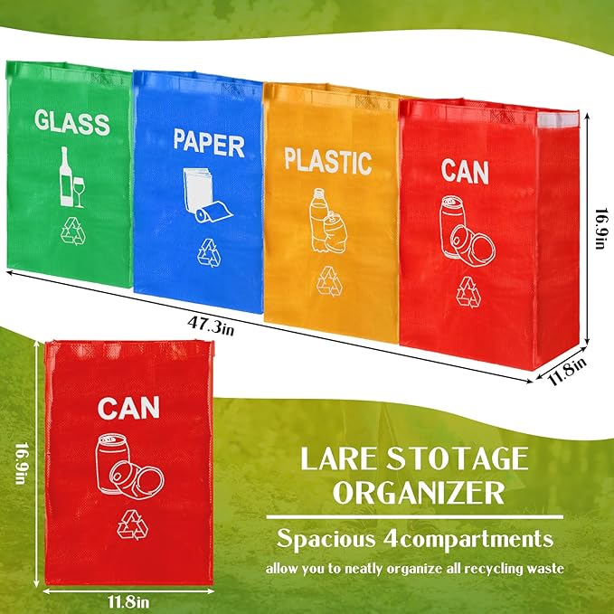 4 Pcs Recycling Bin Bags Separate Recycle Bin Waterproof Waste Baskets Recyclable Waste Trash Sorting Organizer for Home Office Kitchen, Battery, Can, Paper, Plastic and Glass