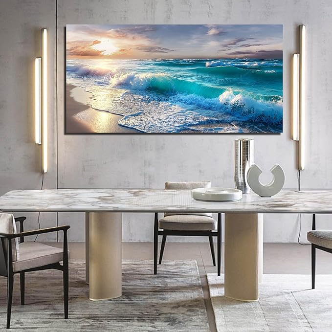 GUGIKA Ocean Wall Art for Living Room, Blue Wave and Large Coastal Beach Canvas Wall-Decor for Bedroom, Gold Sun Scenery Pictures for Hallway Office, Size 59 x 29 Inches