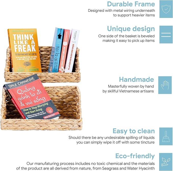 VATIMA Water Hyacinth Storage Baskets for Organizing, Medium Open-Front Wicker Basket for Kitchen, for Shelves, 11.8” x 7.5” x 5.5”, 2 Pack