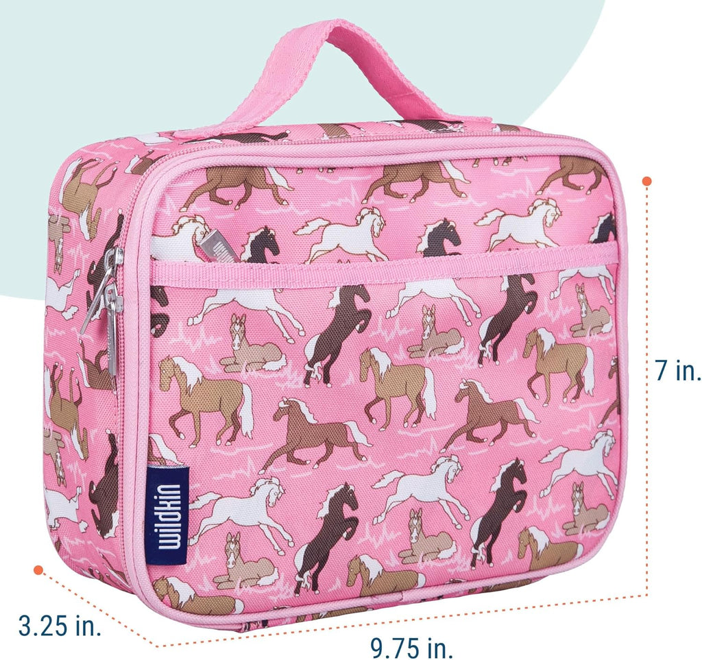 Wildkin Kids Insulated Lunch Box – Durable and Reusable for School & Travel - Horses in Pink