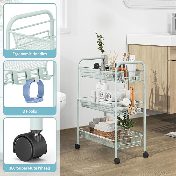 TOOLF 3-Tier Metal Rolling Cart, Mesh Wire Easy Assemble Utility Cart, Storage Trolley on Wheels with 3 Hooks, MetalStorage Shelving Units for Kitchen Bathroom Laundry Room