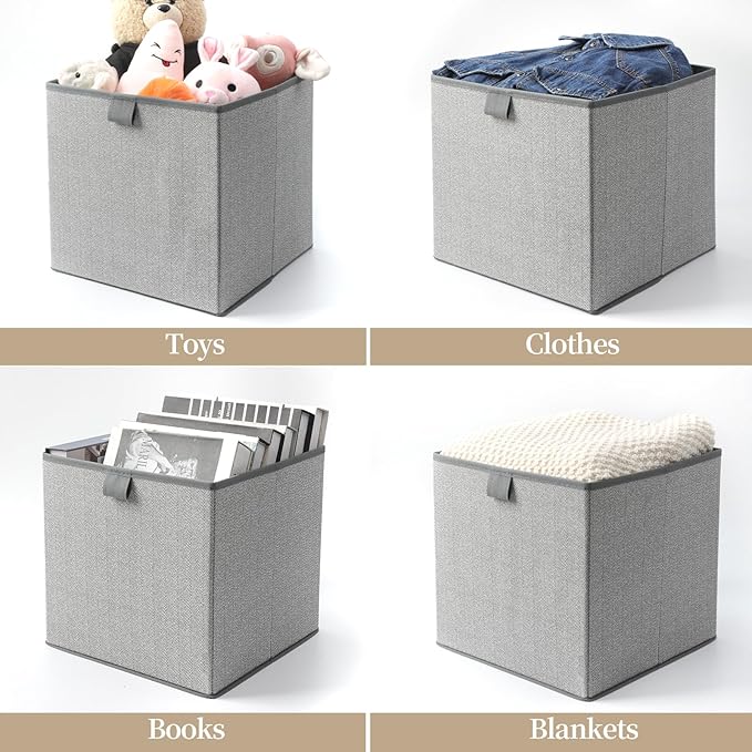 Storage Baskets, 11.8-Inch Woven Fabric Bins, Storage Cubes with Reinforced Handles, Organizer Bins for Closet Shelves, Foldable, for Toys, Clothes, Natural Beige (4PCS/Grey-11.8*11.8*11.8inch)