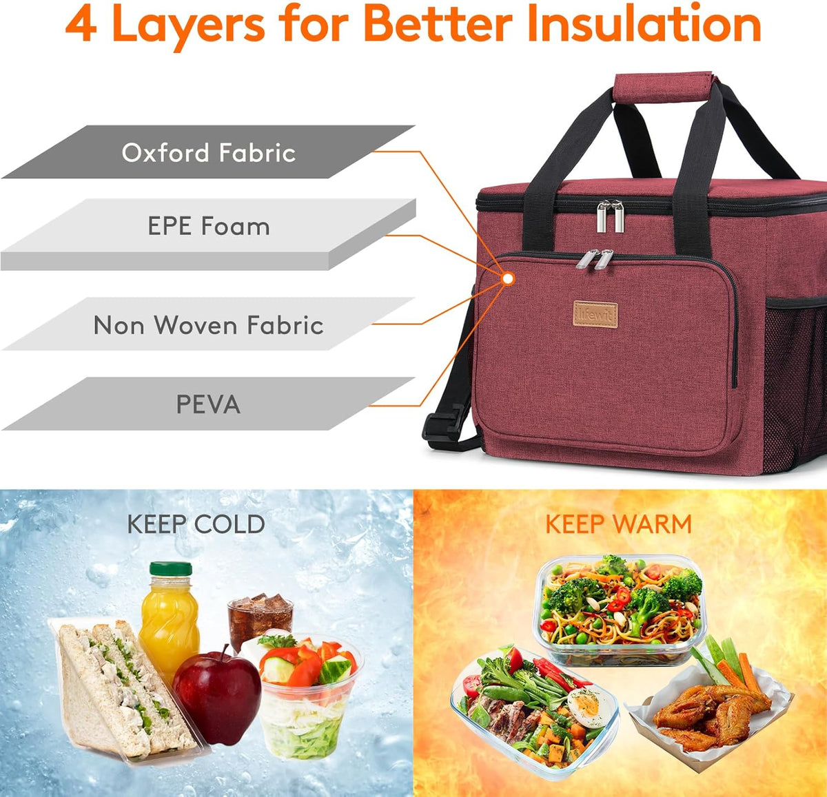 Lifewit Large Lunch Bag Insulated Lunch Box Soft Cooler Cooling Tote for Adult Men Women, Burgundy 40-Can (24L)