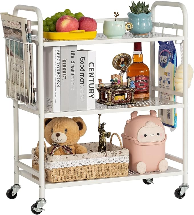 HDANI 3 Tier Metal Mesh Utility Cart,Large Capacity Multipurpose Heavy Vehicle,Rolling Trolley with to Hooks and One Basket(White)