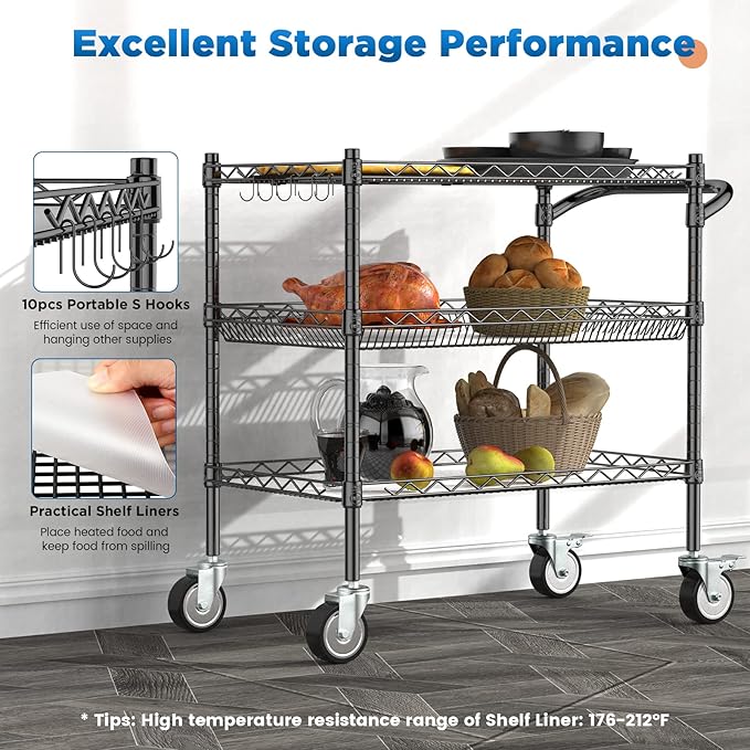 Leteuke 3 Tier Rolling Carts with Wheels,990Lbs Heavy Duty Rolling Utility Cart,NSF Commercial Grade Metal Cart with Handle&Shelf Liner,Trolley Serving Cart for Kitchen,Restaurant,Plant Display,Black