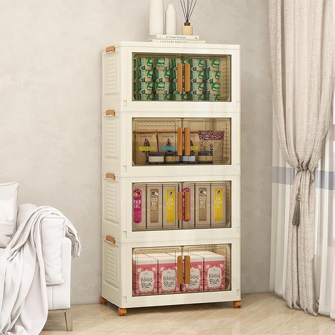 Plastic Stackable Storage Bins with Lids and Wheels, Foldable Closet Organizers and Storage Containers for Bathroom, Collapsible Clear Drawer Storage Cabinet with Doors White 11.4Gal 4Tiers