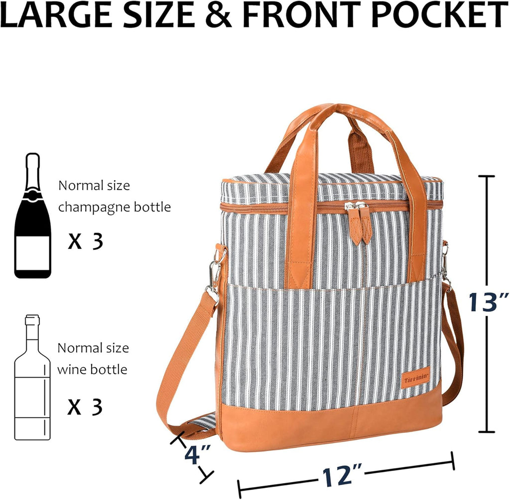 Tirrinia Insulated Wine Gift carrier - 3 Bottle Travel Padded Wine Carry Cooler Tote Bag with Handle and Adjustable Shoulder Strap, Black Stripe