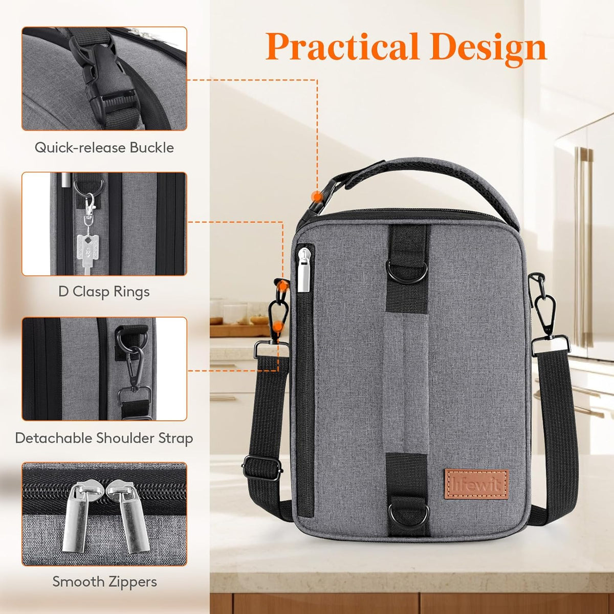 Lifewit Insulated Lunch Box for Men, Expandable Cooler Bag, Freezable Lunch Bag for Women with 2 Ice Packs and Shoulder Straps for Work Travel College, 8.2L Gray