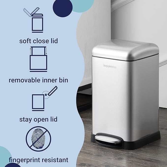 happimess HPM1012A Betty Retro Mini 3.2-Gallon Step-Open Trash Can with Soft-Close Lid, Modern, Minimalistic, Fingerprint Proof for Home, Kitchen, Laundry Room, Office, Bedroom, Bathroom, Chrome