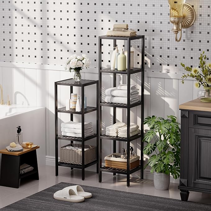 SMIBUY Bathroom Storage Shelf, 4-Tier Bamboo Rack Organizer, Multifunctional Shelving Unit for Living Room Bedroom Kitchen (Black)