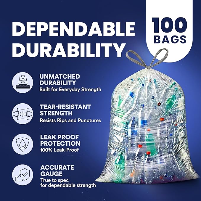 Plasticplace 32-33 Gallon Recycling Bags │ 0.9 Mil │ Clear Drawstring Garbage Can Liners │ 33" x 38" (100 Count)