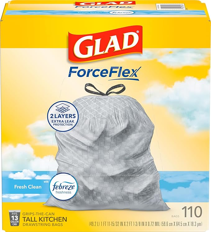 Glad Tall Kitchen Drawstring Trash Bags - Odorshield 13 Gallon White Trash Bag, Febreze Fresh Clean, 110 Count