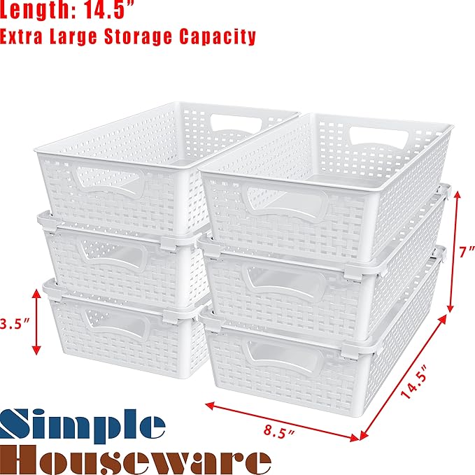 Simple Houseware Plastic Stackable Storage Basket Pantry Organizer, 6 Pack, 14.5" x 8.5" x 3.5", White