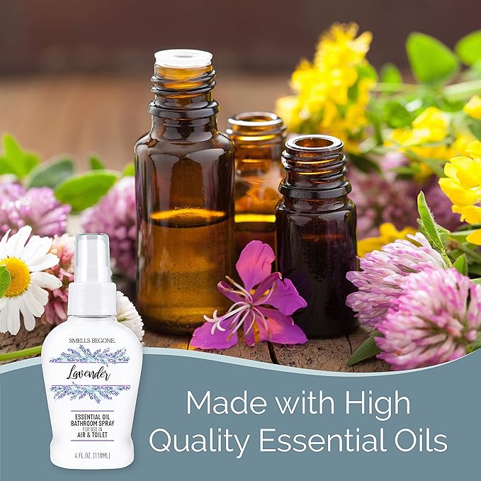 SMELLS BEGONE 4 oz Essential Oil Air Freshener Bathroom Spray - Eliminates Bathroom & Toilet Odors - Made with Essential Oils - Lavender Scent