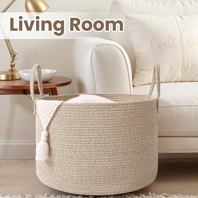 Woven Blanket Basket,115L Large Rope Storage Bin with Handles, Organizer for Blankets Toys Book and Clothes, Laundry Basket for Living Room Bedroom Nursery,Oatmeal