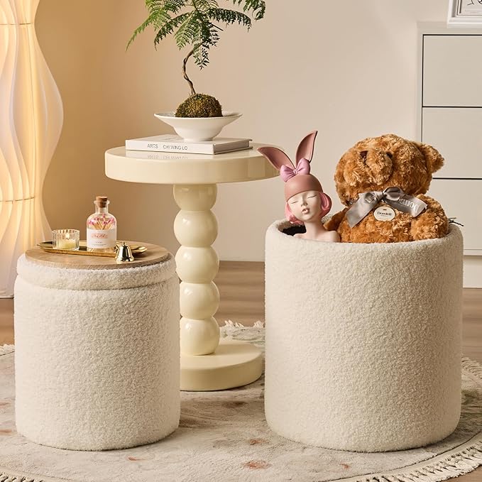 Round Ottoman with Storage Set of 2-Upholstered Sherpa Vanity Stool for Makeup Multifunctional Ottomans Coffee Table Padded Seat Foot Rest for Living Room&Bedroom(Sherpa White)