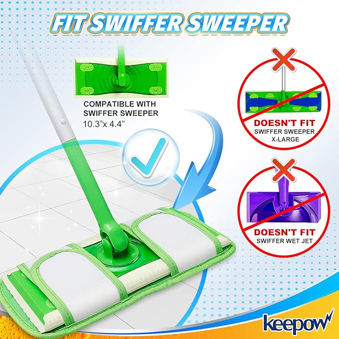KEEPOW Reusable Mop Pads Compatible with Swiffer Sweeper Mop, Microfiber Dry Sweeping Cloths Washable Wet Mopping Cloth Refills for Hardwood Floor Cleaning, 3 Pack (Mop is Not Included)