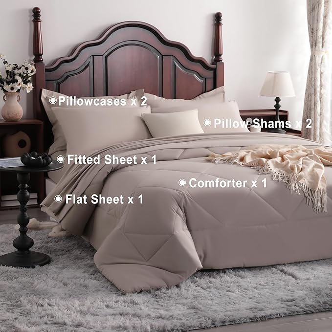 NTBAY Queen Comforter Set with Sheets, 7 Pieces Soft and Breathable Queen Bedding Set, Bed in a Bag, Down Alternative Comforter Set Solid Color All Season, Queen Bedding Set, Taupe