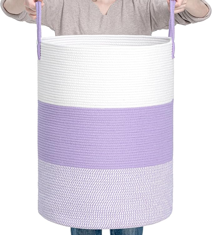 CLHMILY&Z 100L Laundry Basket Round Storage Rope Basket - 18.1x24 Inches - Lavender Hamper in Bedreoom and Cute Storage Bin for Blankets, Toys, and Nursery Essentials