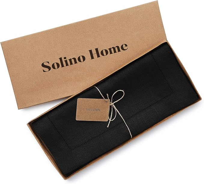 Solino Home Linen Black Table Runner 156 Inches Long - 100% Pure Linen Extra Long Table Runner 14 x 156 Inch for Christmas, New Year - Classic Hemstitch