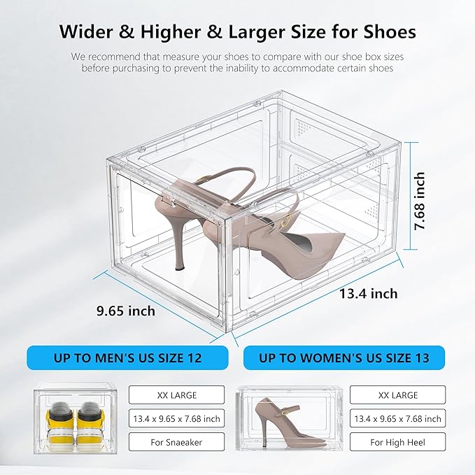 12 Pack Hard Sturdy Thickened Rigid XX Large Shoe Storage Organizer for Closet, Clear Stackable Sneaker Shoe Boxes Rack Containers Display Case Bins with Lids, White