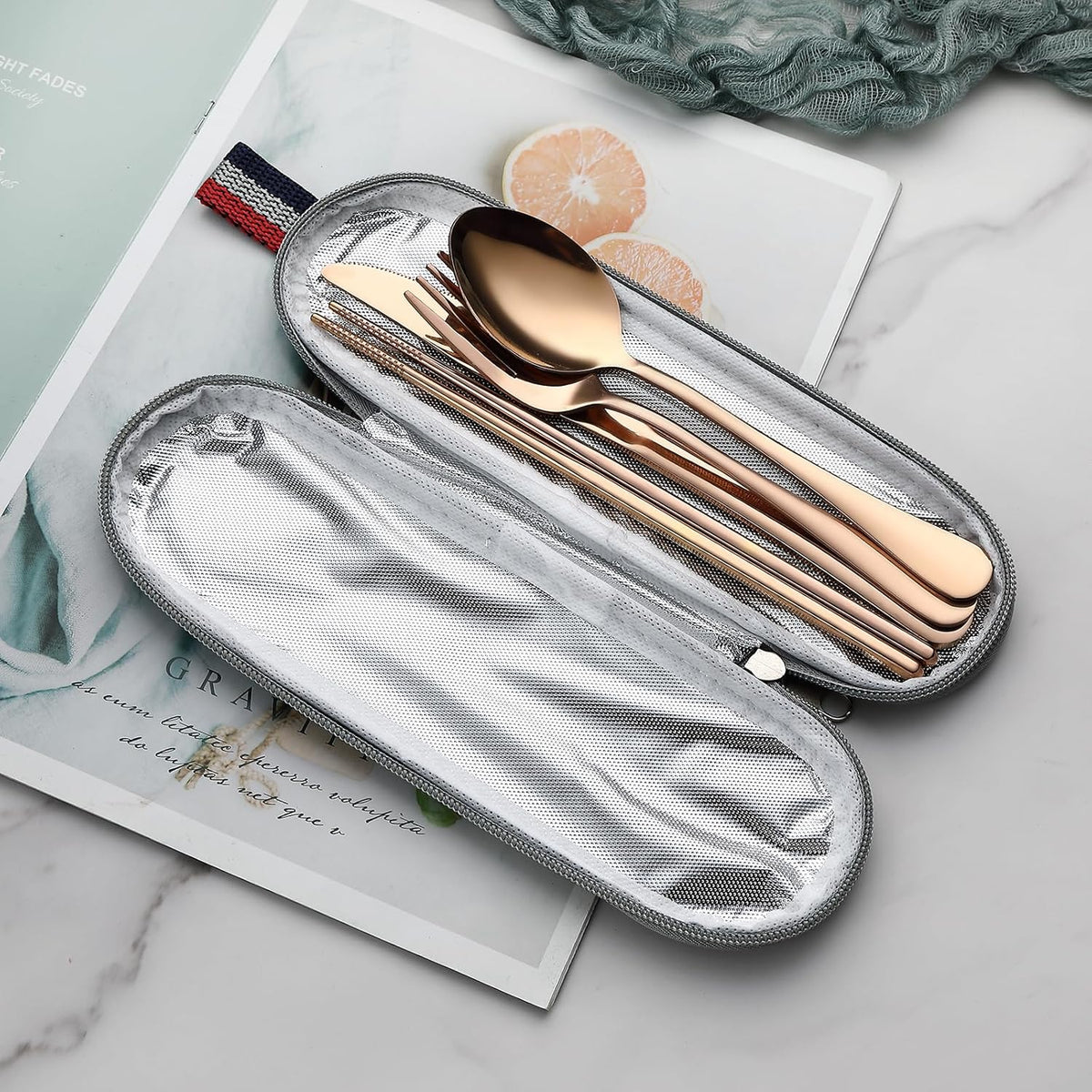DEVICO Camping Utensils, Portable Travel Utensils with Case, Stainless Steel Reusable Silverware for Lunch Adult, 5Pcs Cutlery Set Includes Knife Spoon Fork Chopsticks and Case (Rose Gold)