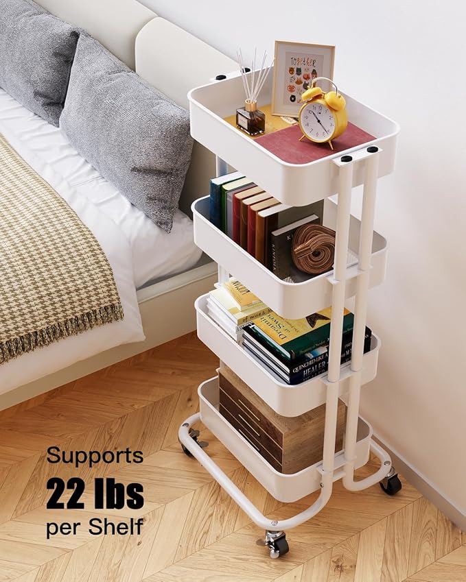 Pipishell 4 Tier Metal Rolling Utility Cart, Heavy-Duty Storage Rolling Cart with 2 Lockable Wheels, Multifunctional Mesh Organization Utility Cart for Kitchen Dining Room Living Room, PIUC13W