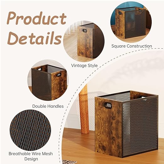 Retro Office Trash Can, Iron and Wood Combination Bedroom Garbage Can, Rectangular Design Wastebasket with Handle, Industrial Style Trash Can for Home Office, 4.5 Gallon (Patent Pending)