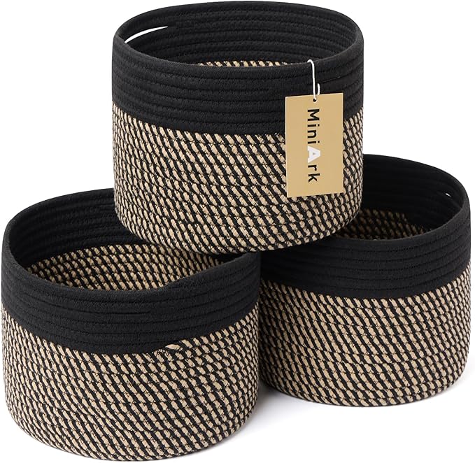 Small Basket for Organizing | Cube Shelf Closet Storage Baskets | 9.7×9.7×7.1” | Woven Rope Gift Basket | Nursery | Round 3 Packs Black Brown