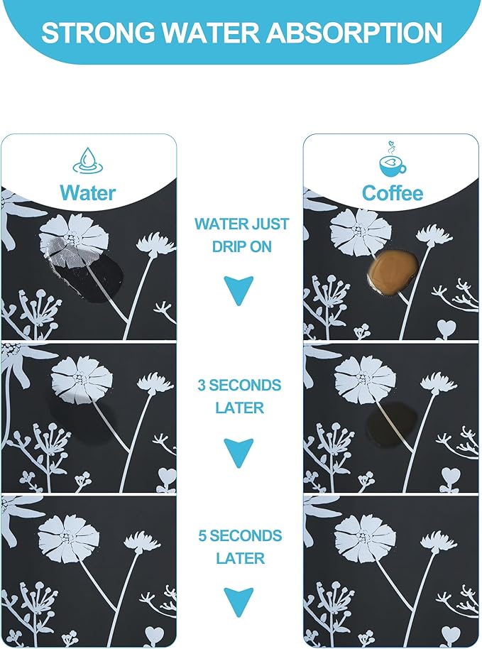 Dish Drying Mat for Kitchen Counter, 16"x24" Dish Drying Pad with Non-slip Rubber Backed, Hide Stain Anti Absorbent for Kitchen Counter, Drying Mat for Coffee Machine Dish Rack (Gray Daisy)
