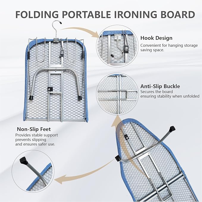 Metal Foldable Tabletop Ironing Board with Iron Rest, Portable Ironing Board Small with Heat Resistant Cotton Cover, Mini Iron Board for Small Space and Travel, 31"x12",Blue