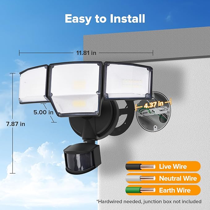 LUTEC 80W 9000LM LED Security Light Hardwire Motion Sensor Outdoor Lights