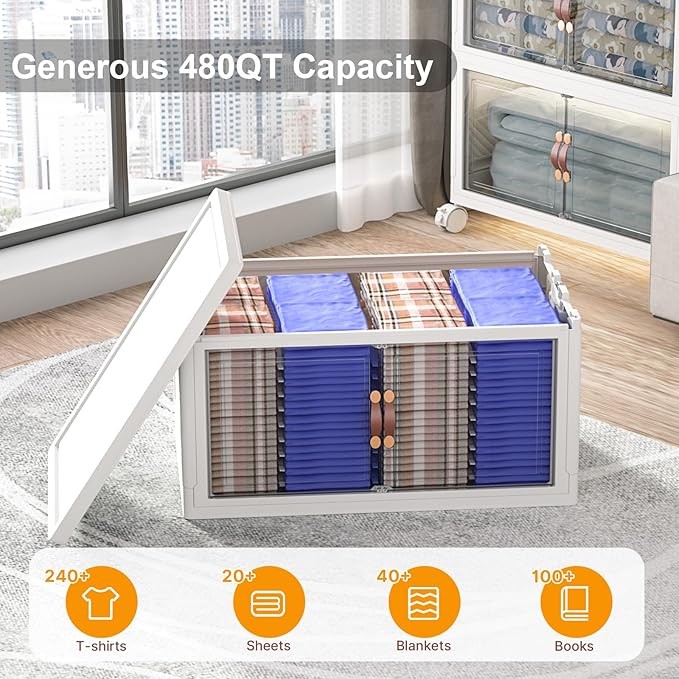 Extra Large Stackable Storage Bins with Lids & Wheels & Door, 480QT-160QT/40GAL*3Pack Foldable Collapsible Closet Organizers, Plastic containers drawers for bedroom Dorm