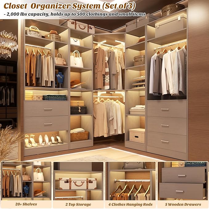 Corner Closet System with 5 Drawers, Closet Organizer System with 15+Shelvess & 4 Hanging Rods, 63.2"L * 63.2"W / 87.2"L * 39.2"W Reversible L Shaped Walk-in Closets, Load 2500+LBS, Grey