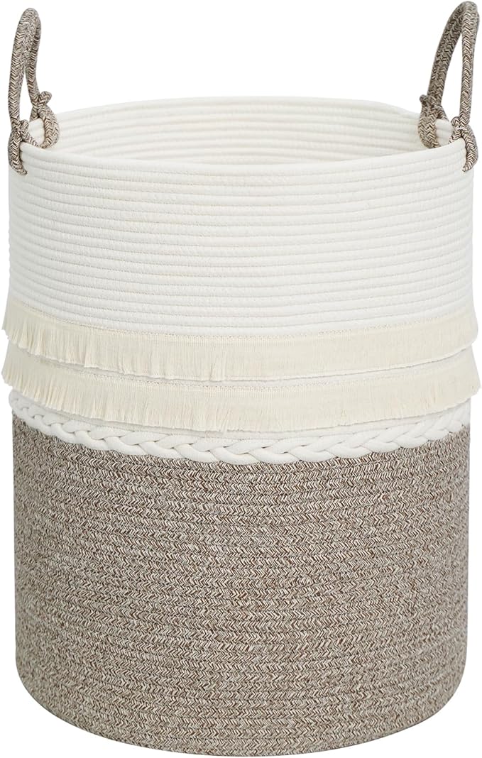 danpinera 79 L Large Laundry Basket, Tall Woven Cotton Storage Hamper with Handles, Dirty Clothes Hamper in Bathroom, Decorative Storage Basket for Living Room White & Brown