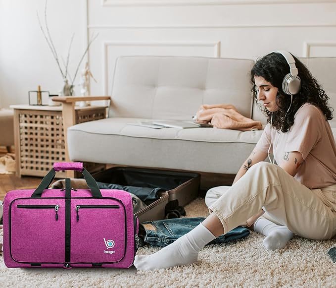 Bago Foldable Duffel Bags for Traveling Women & Men - 40L Sports Packable Duffle Bag for Travel with Shoe Compartment - Water Repellant, Heavy Duty, Lightweight Folding & Collapsible (SnowPink)