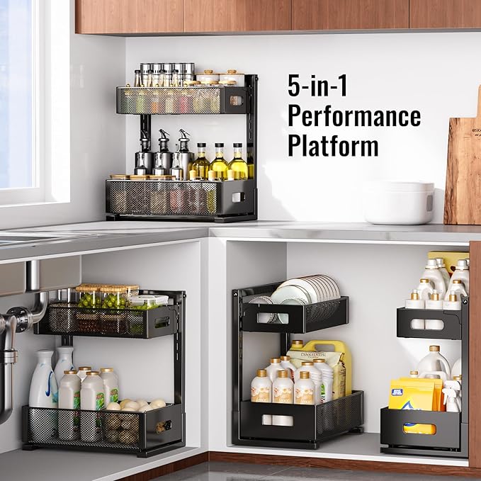 Under Sink Organizer, Silk-Smooth Metal Sliding Drawer Organizers and Storage Rack, Pull Out Cabinet Shelf for Kitchen, Bathroom, Pantry, Cabinet, Closet