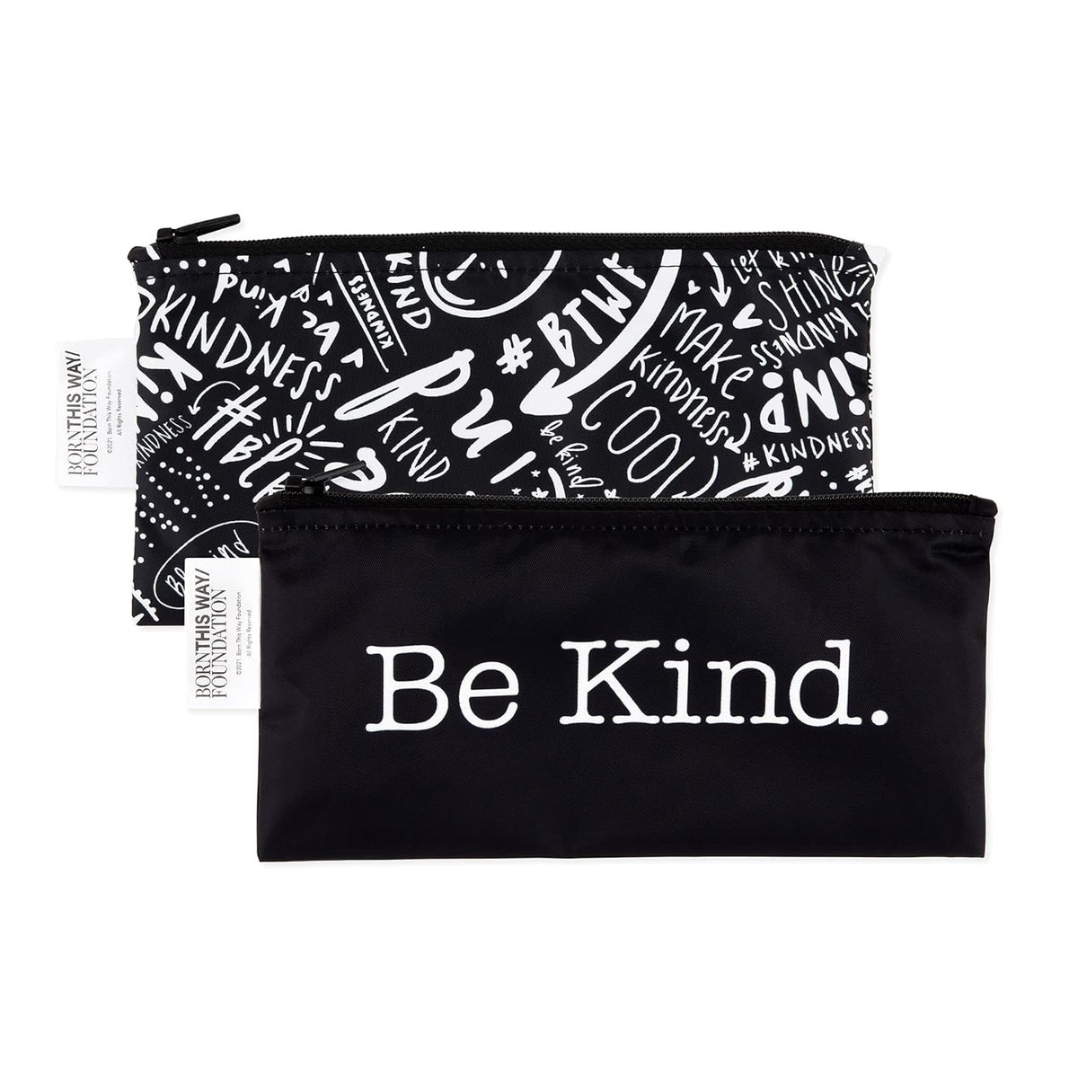 Bumkins Reusable Snack Bags, for Kids School Lunch and for Adults Portion, Washable Fabric, Waterproof Cloth Zip Bag, Supplies Travel Pouch, Food-Safe Storage, 2-pk Born This Way Be Kind