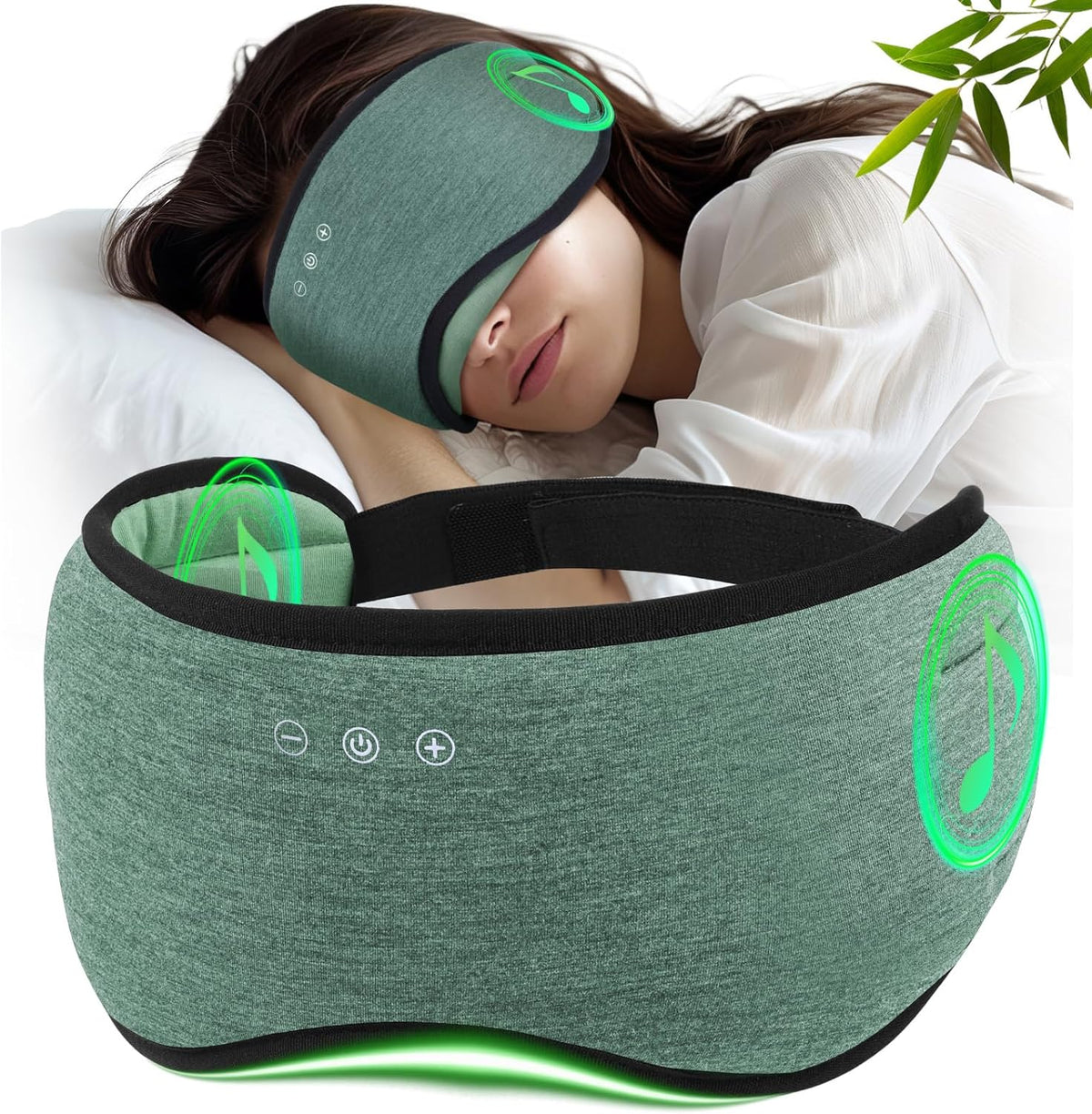 Sleep Headphones with Bluetooth 5.4 Sleep Mask, Bamboo Cotton Music Wireless Bluetooth Eye Mask for Sleeping, Earphones HD Speaker Microphone for Travel, Gifts for Men Women, Green