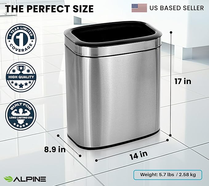 Alpine Stainless Steel Open Top Trash Can 5 Gallon - 20L Garbage Can for Kitchen, Bathroom, Office & More with Removable Bin, Brushed Nickel Finish, Space-Saving Slim Modern Design