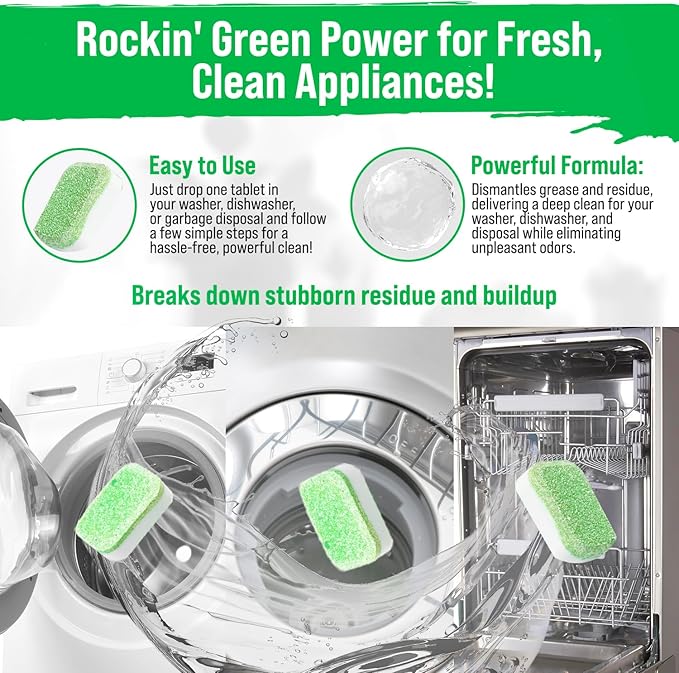 Rockin' Green Deep Cleaning and Deodorizing Tablets for Dishwashers, Washing Machines, and Garbage Disposals, Removes Odor and Residue (Multi-purpose Cleaning Tablets, 24 Pack)