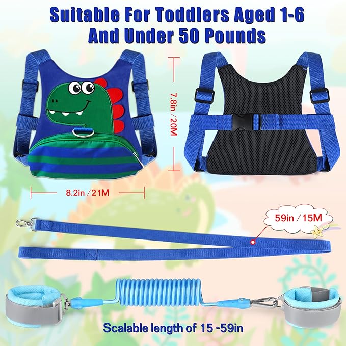 Toddler Leash for Kids-Baby Child Harness with Anti Lost Wrist Link for Boys/Girls (Blue+Green)