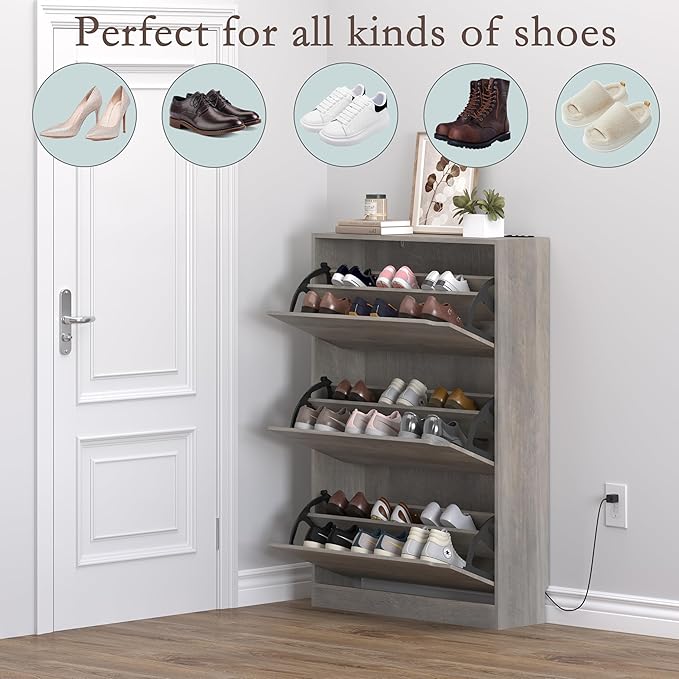 Shoe Cabinet with Odor Control and Back Panels, Deodorizing Slim 3-Flip Shoe Storage Cabinet for Entryway, Freestanding Hidden Shoe Rack Organizer for Entrance, Hallway, Bedroom