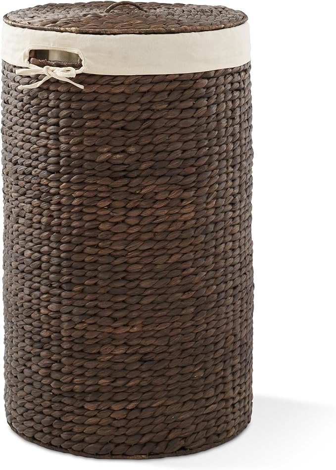 Casafield Round Laundry Hamper with Lid and Removable Liner Bag - Espresso, Woven Water Hyacinth Wicker Laundry Basket for Clothes and Towels