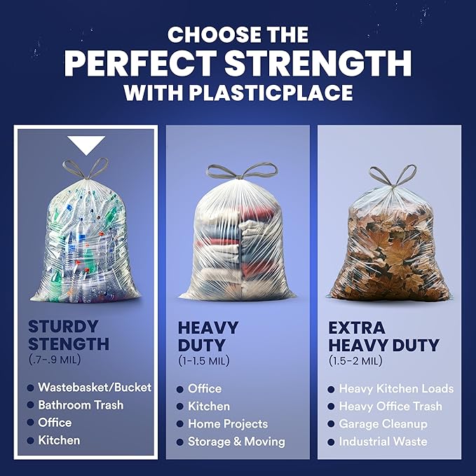 Plasticplace 32-33 Gallon Recycling Bags │ 0.9 Mil │ Clear Drawstring Garbage Can Liners │ 33" x 38" (100 Count)