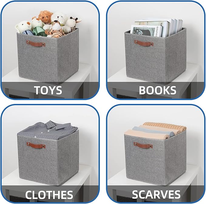 Temary Fabric Storage Cubes - 13 x 13 Collapsible Bins with Handles for Home Organization (Gray)