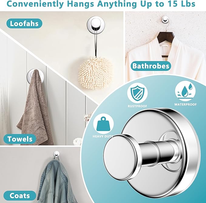 Suction Cup Hooks for Shower,Removable No Drill Towel Hooks,Upgraded 15 lbs Strong Suction hooks for Bathroom Tile,Shower Wall,Glass Door,Kitchen-Loofah,Coat,Stainless Waterproof-Chrome 4 Pcs