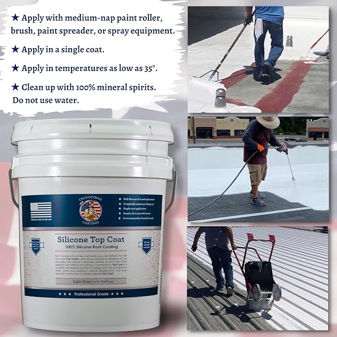 Countryman Coatings 100% Silicone Roof Coating - Restore Your Roof in a Day - Seal Leaks, Cracks, Seams, Penetrations - Adheres to All Surfaces (4.75 Gallon, Light Gray)