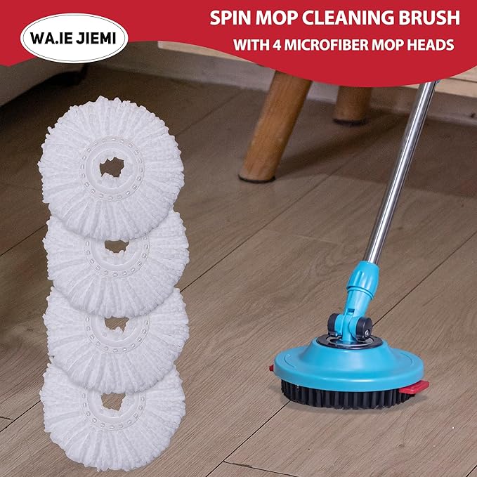 4-Pack White Mop Replacement Heads with 1 Spin Mop Scrub Brush - Microfiber Replacement Mop Heads Universal for 360°Spin Magic Mopping,Round Shape Standard Size